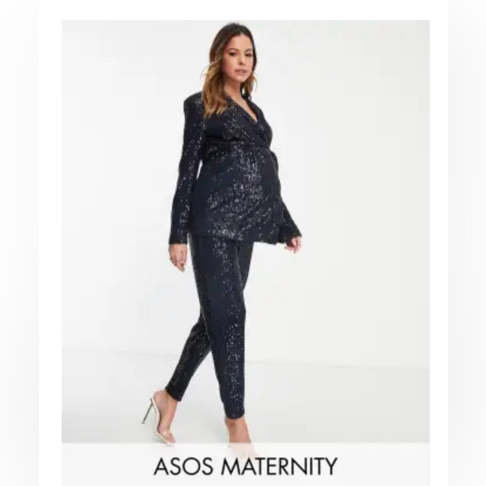 ASOS DESIGN maternity jersey  sequin suit wrap blazer and slim pant- Navy